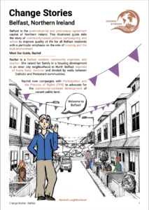 Front cover of graphic summary for Belfast, UK. Depicts a woman in the forefront with a pop-up message that reads "Welcome to Belfast". She is standing on a residential street with terraced two-storey homes and bunting across the street.
